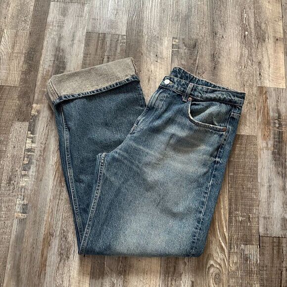 ZARA Mid Rise Wide Leg Full Length Loose Fit Medium Blue No Stretch Denim Jeans - Picture 11 of 12